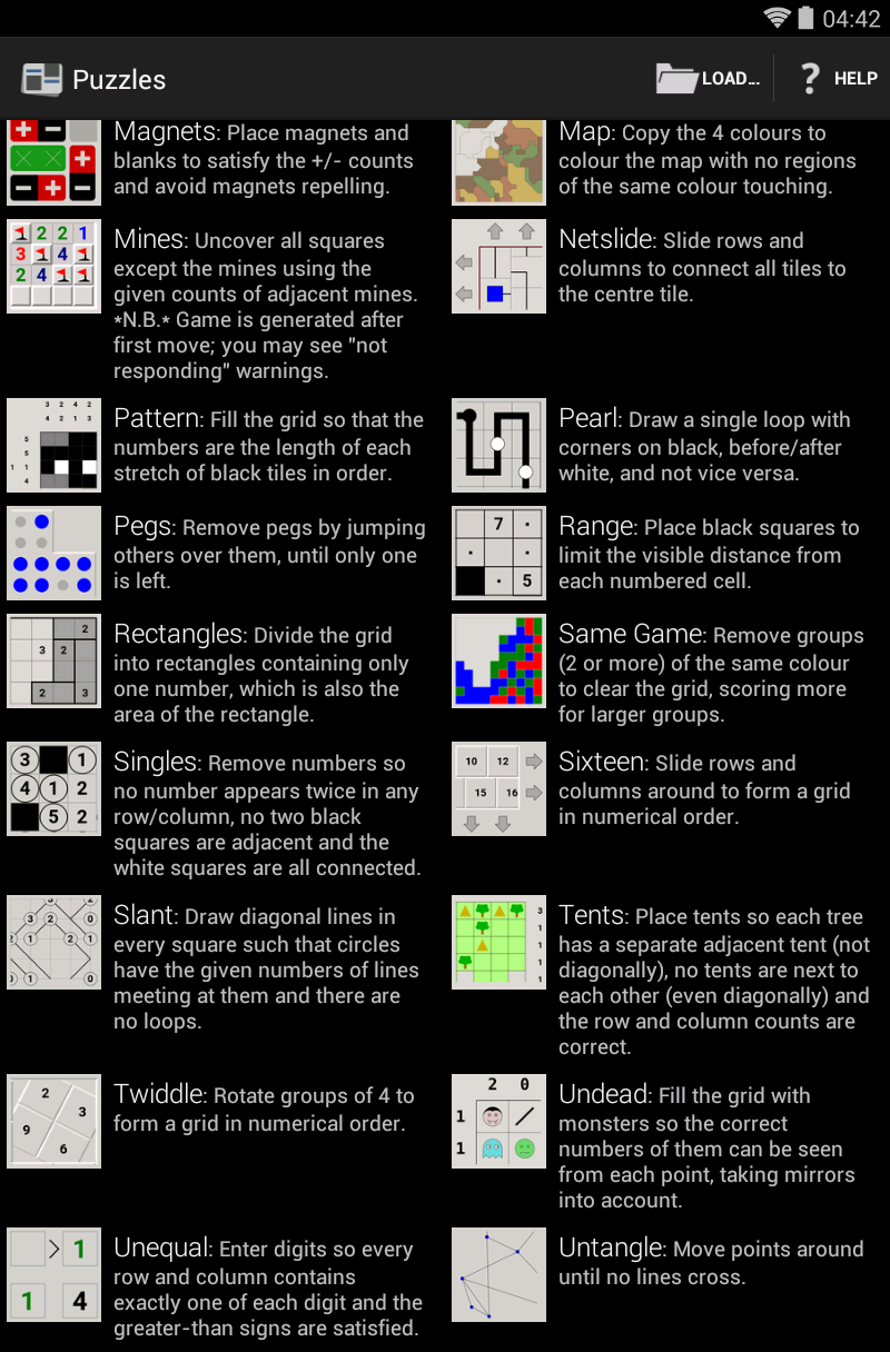 Screenshot of list of puzzles, part 2